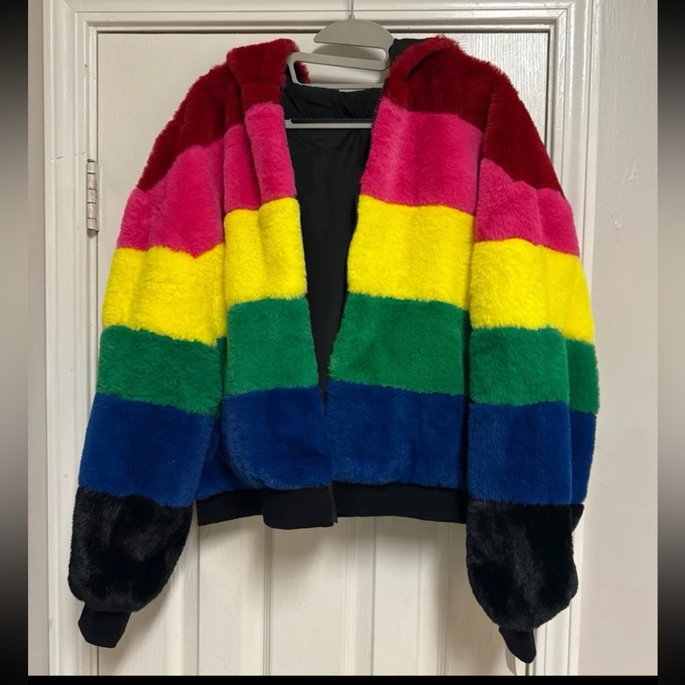 NWT New York & Company Rainbow Reversible Hooded Faux-Fur Jacket - Picture 4 of 12